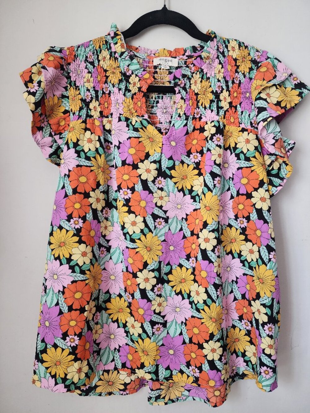 Umgee Floral Smocked Blouse Size S Ruffle Sleeve Boho Retro Vibes